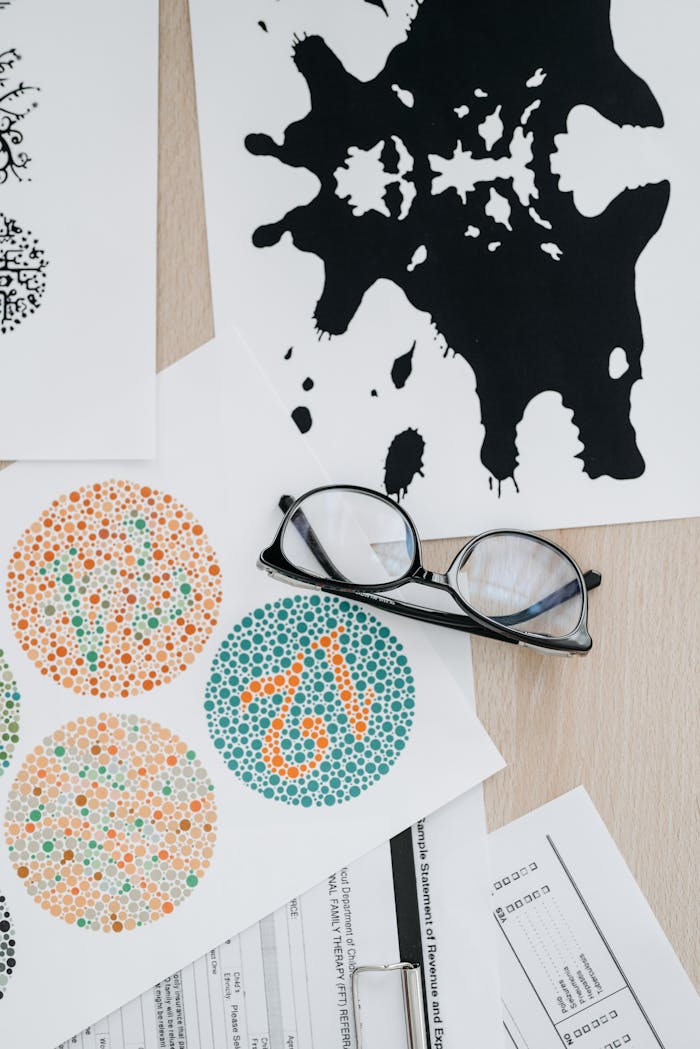 Flat lay of color blindness tests and inkblot cards with eyeglasses for vision assessment.