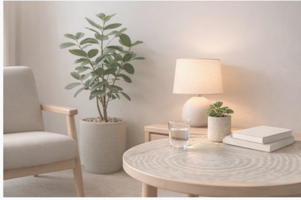 services-04 A woman seated in a cabinet, expressing fear and anxiety, depicting claustrophobia.